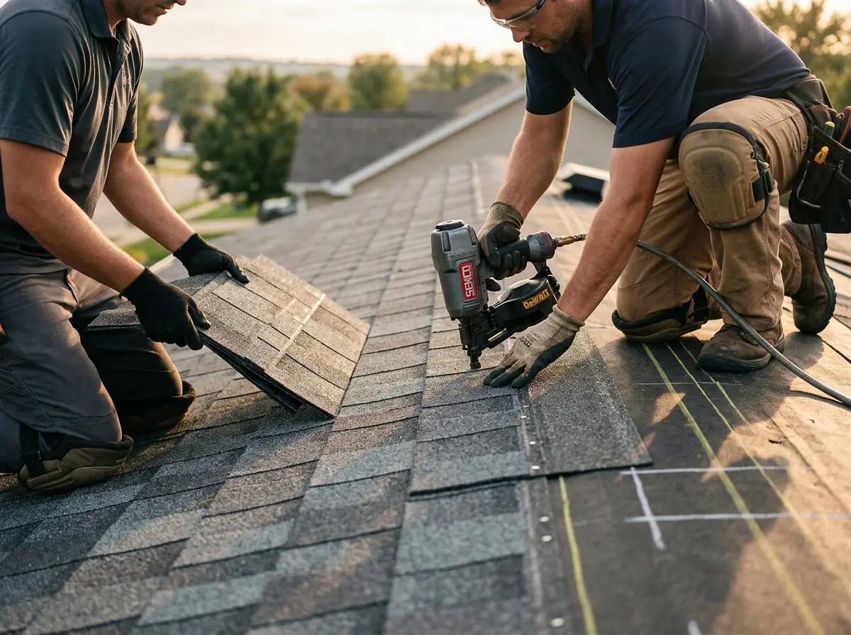 Professional roofer working on a residential roof in Naugatuck